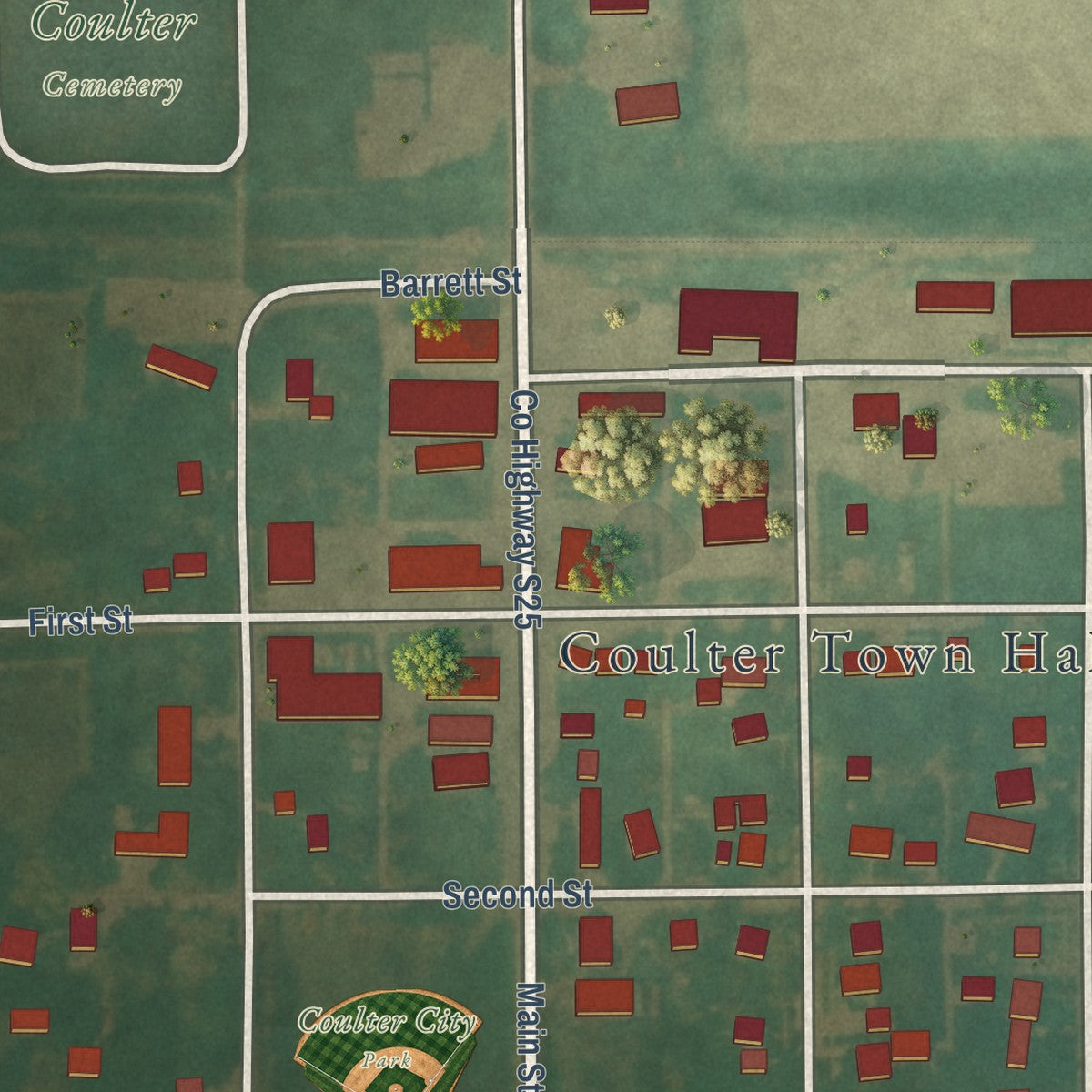 Close-up of the map of Coulter, Iowa print showing street and building detail