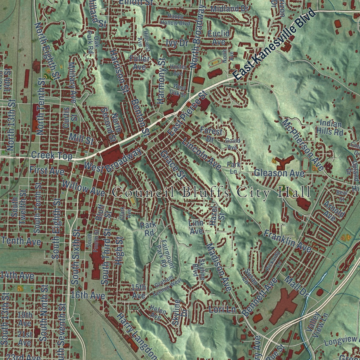 Close-up of the map of Council Bluffs, Iowa print showing street and building detail