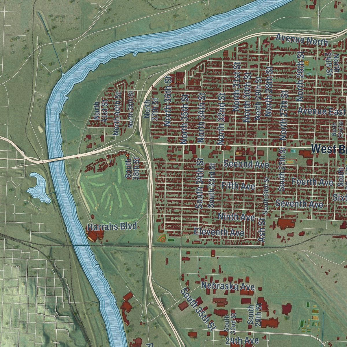 Second close-up of the map of Council Bluffs, Iowa print showing more streets and buildings