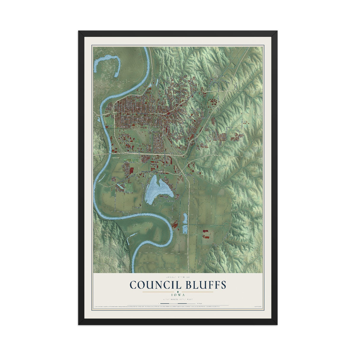 Map of Council Bluffs, Iowa, 12 x 18 inch print in a black wood frame