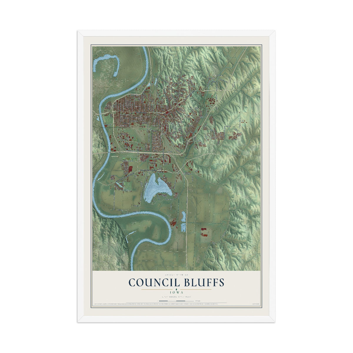 Map of Council Bluffs, Iowa, 12 x 18 inch print in a white wood frame