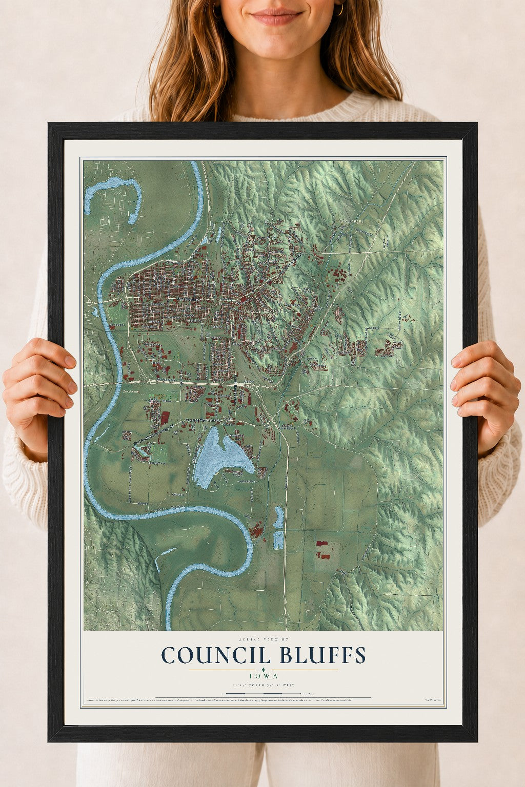 Map of Council Bluffs, Iowa, 18 x 24 inch print in a black wood frame