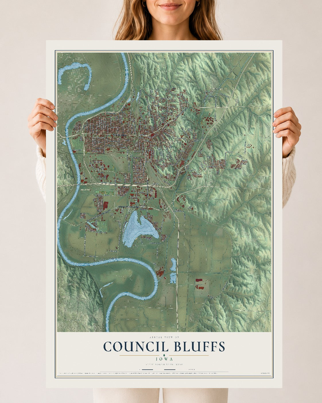 Map of Council Bluffs, Iowa, 24 x 36 inch unframed archival matte print