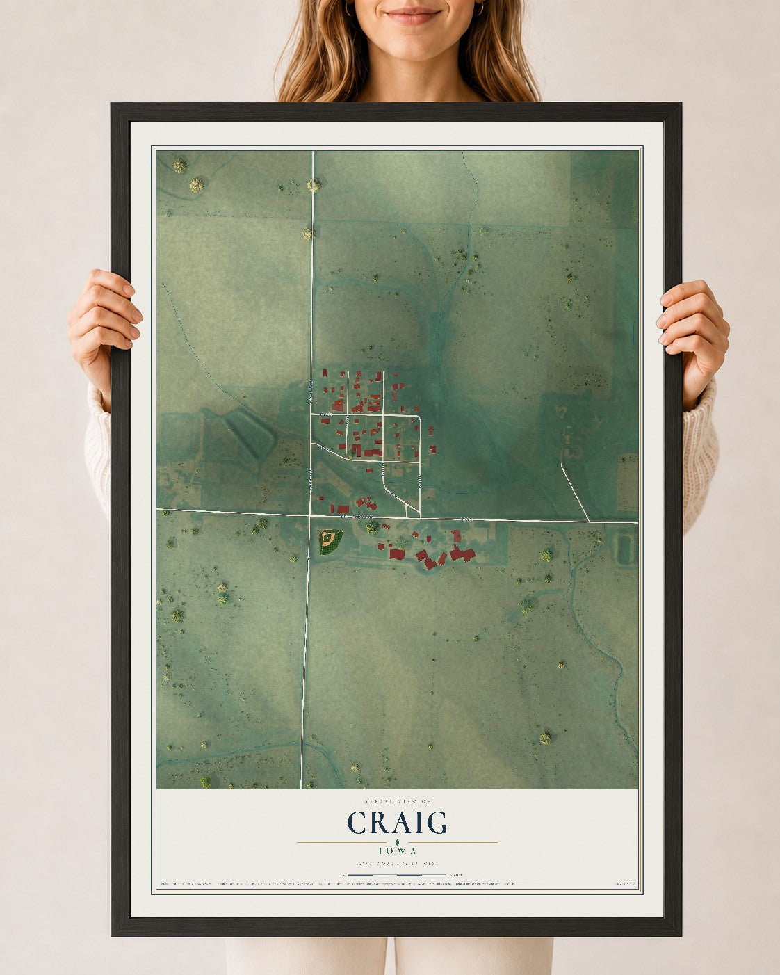 Map of Craig, Iowa, 24 x 36 inch print in a black wood frame