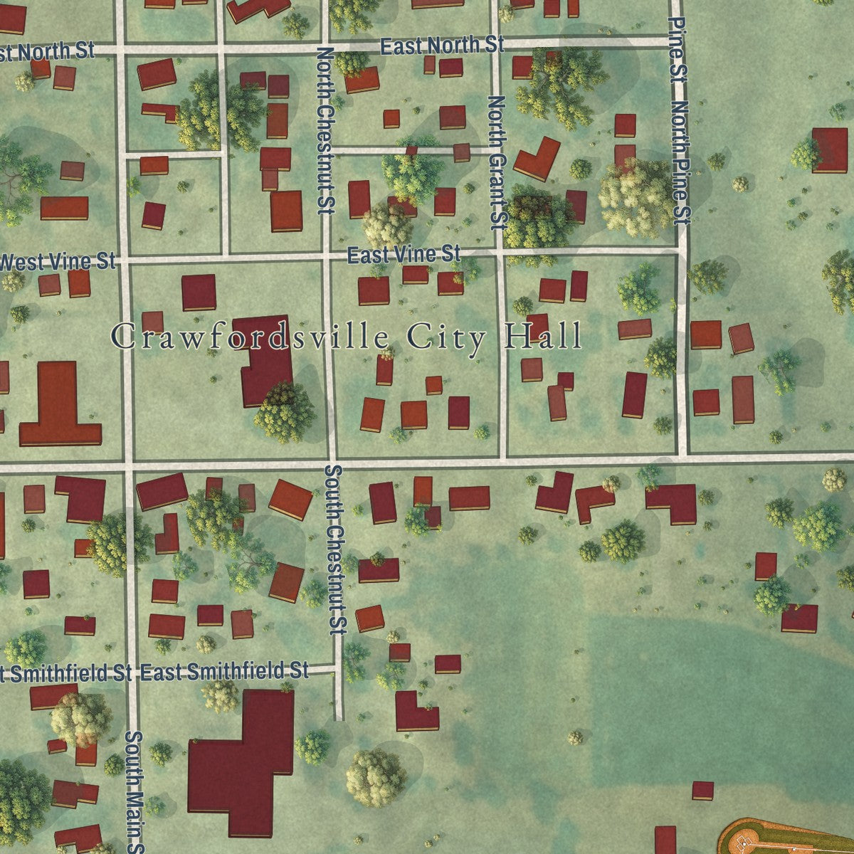 Close-up of the map of Crawfordsville, Iowa print showing street and building detail