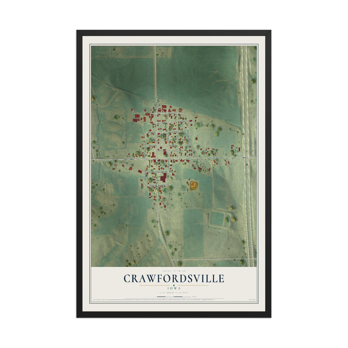 Map of Crawfordsville, Iowa, 12 x 18 inch print in a black wood frame