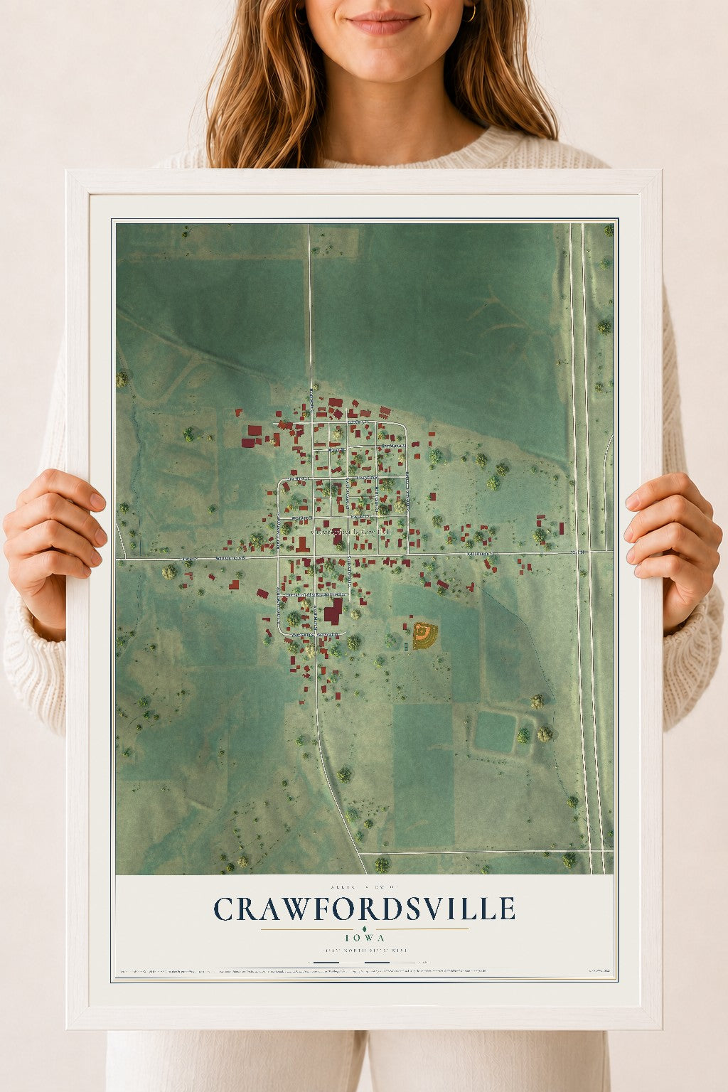 Map of Crawfordsville, Iowa, 18 x 24 inch print in a white wood frame