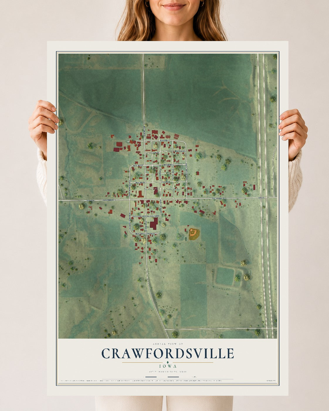 Map of Crawfordsville, Iowa, 24 x 36 inch unframed archival matte print