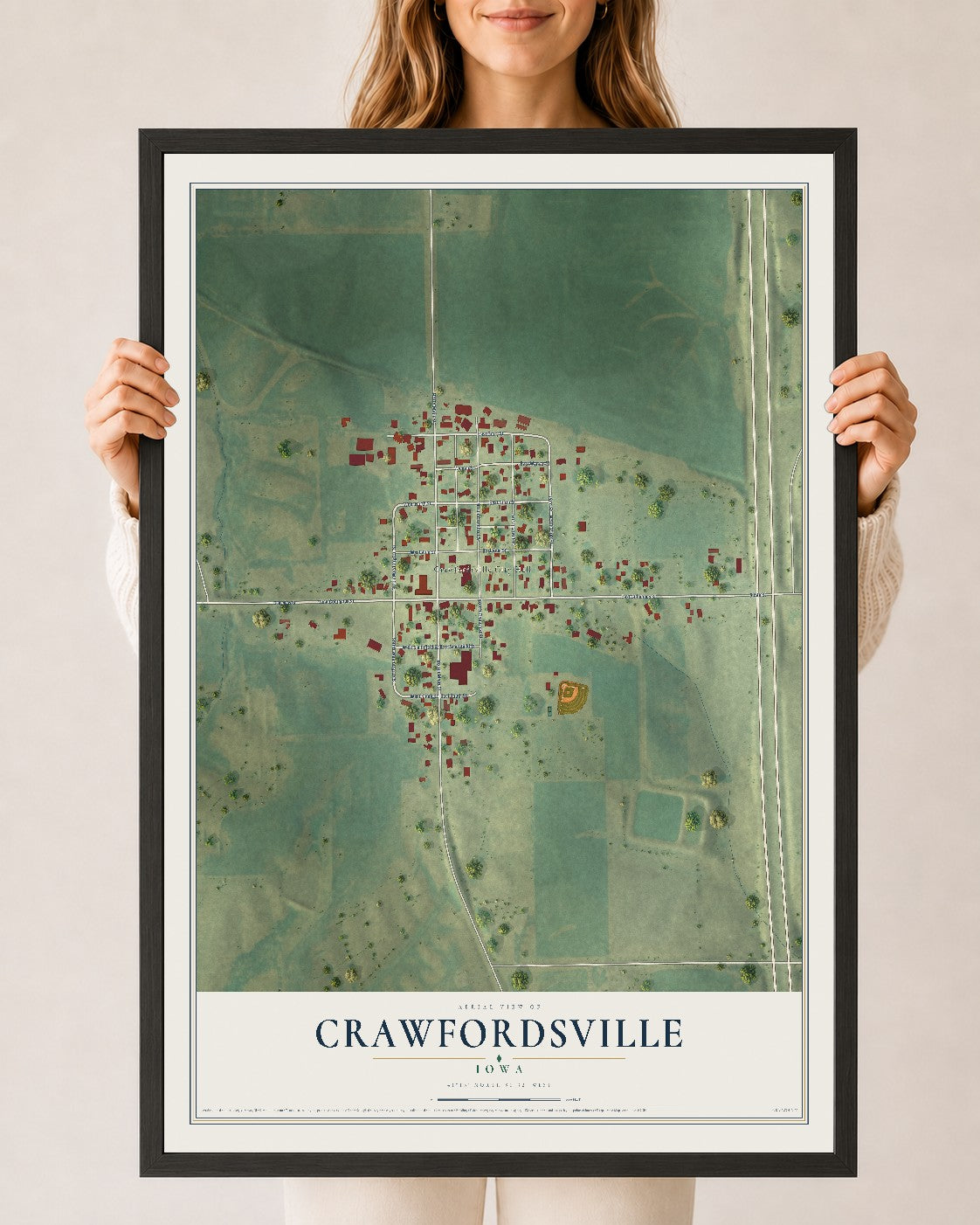 Map of Crawfordsville, Iowa, 24 x 36 inch print in a black wood frame