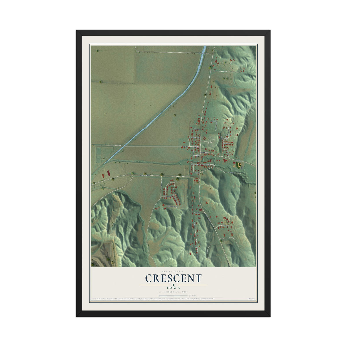 Map of Crescent, Iowa, 12 x 18 inch print in a black wood frame