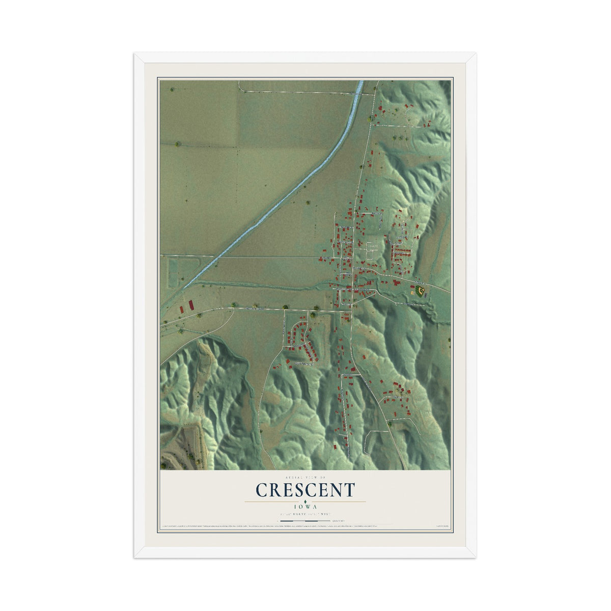 Map of Crescent, Iowa, 12 x 18 inch print in a white wood frame