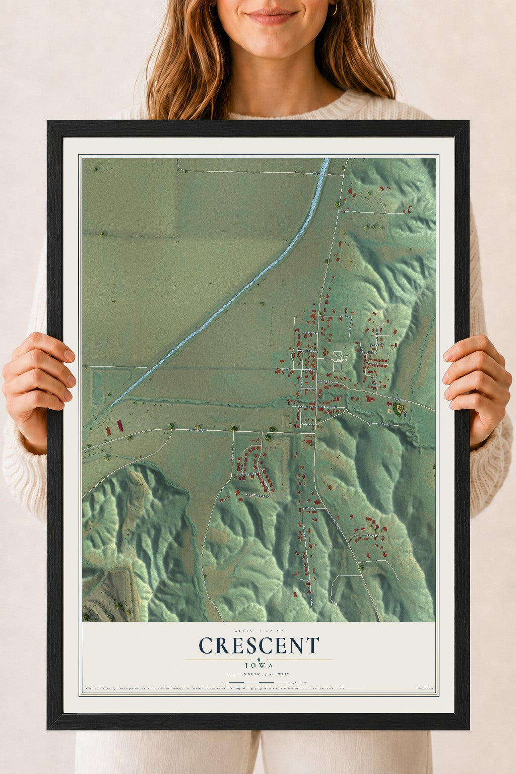 Map of Crescent, Iowa, 18 x 24 inch print in a black wood frame