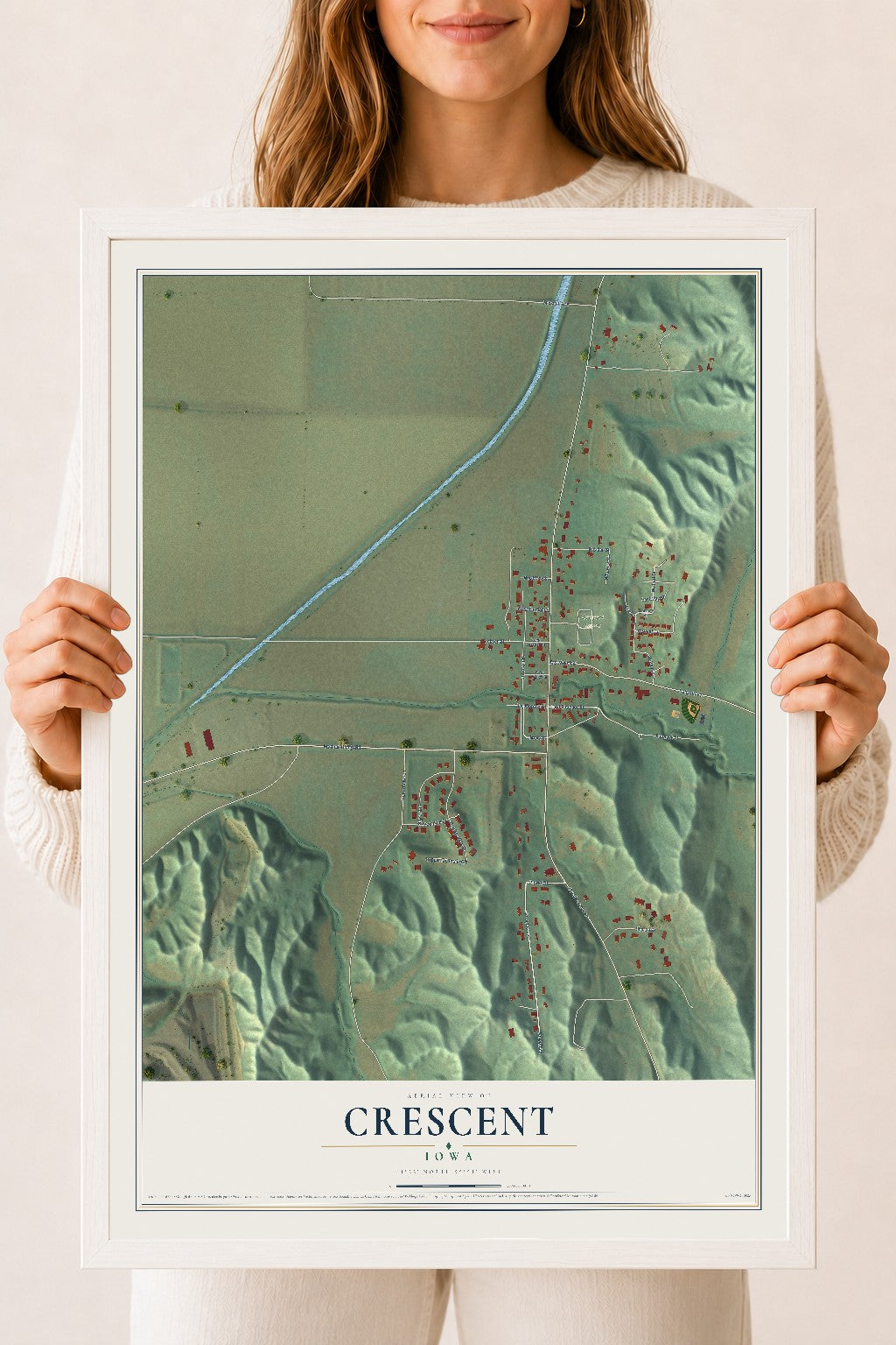 Map of Crescent, Iowa, 18 x 24 inch print in a white wood frame