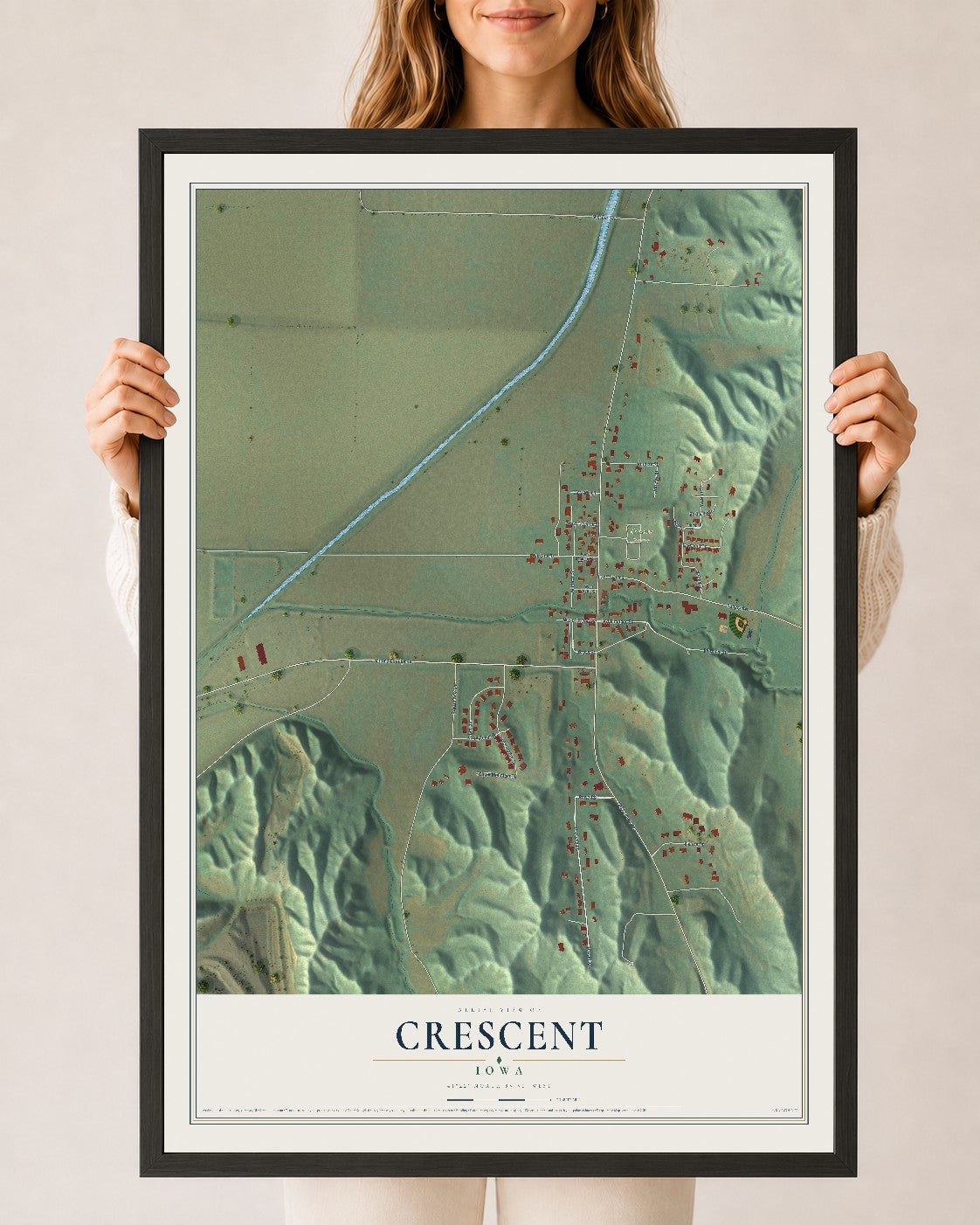 Map of Crescent, Iowa, 24 x 36 inch print in a black wood frame