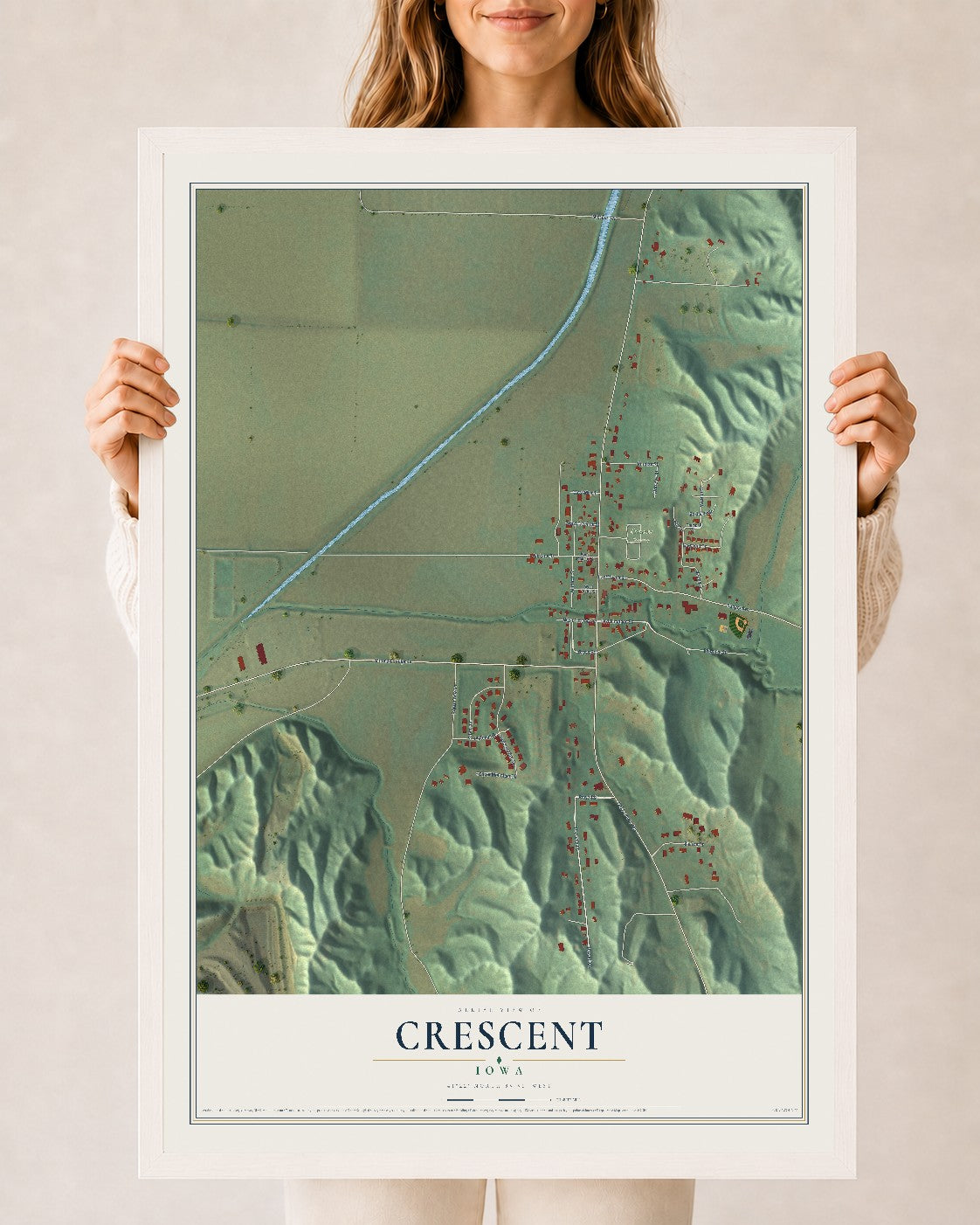 Map of Crescent, Iowa, 24 x 36 inch print in a white wood frame