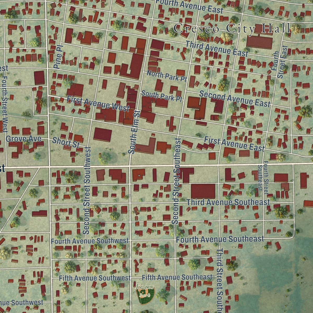 Close-up of the map of Cresco, Iowa print showing street and building detail