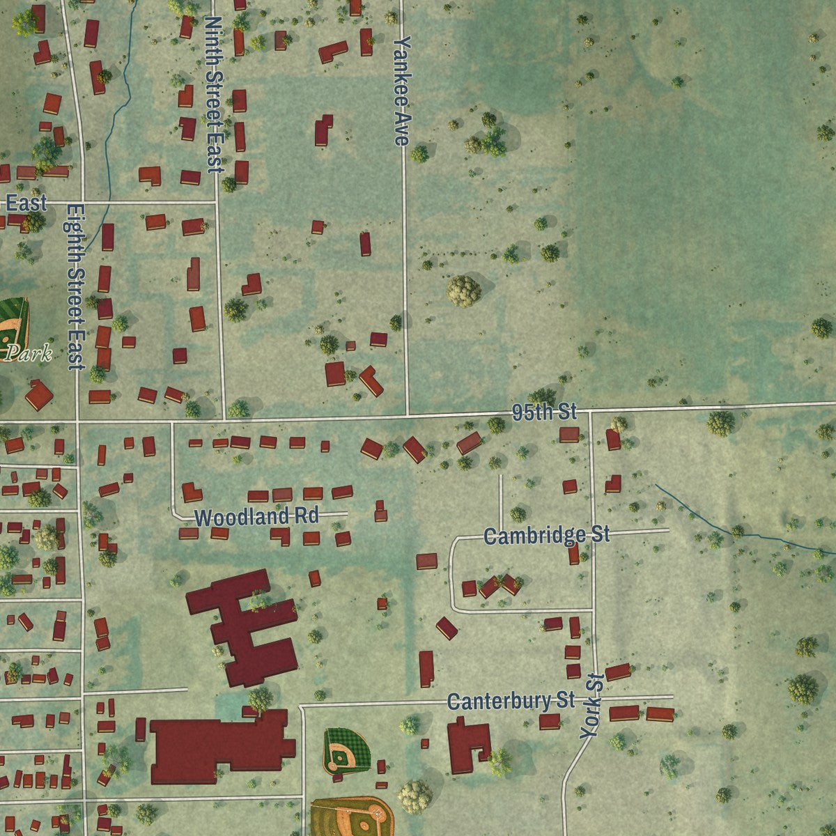 Second close-up of the map of Cresco, Iowa print showing more streets and buildings