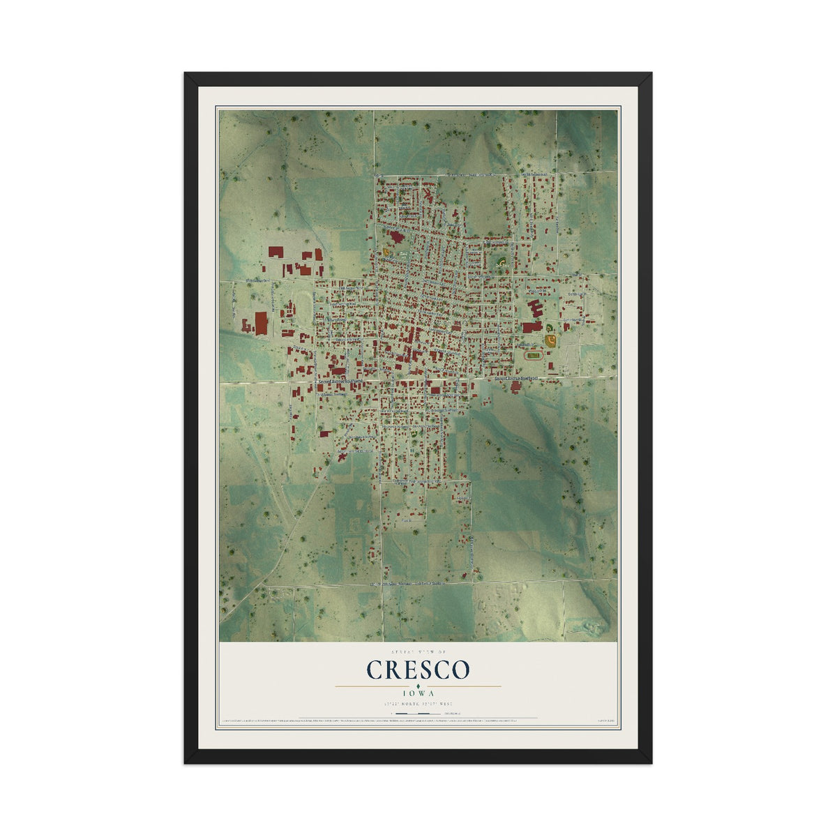 Map of Cresco, Iowa, 12 x 18 inch print in a black wood frame