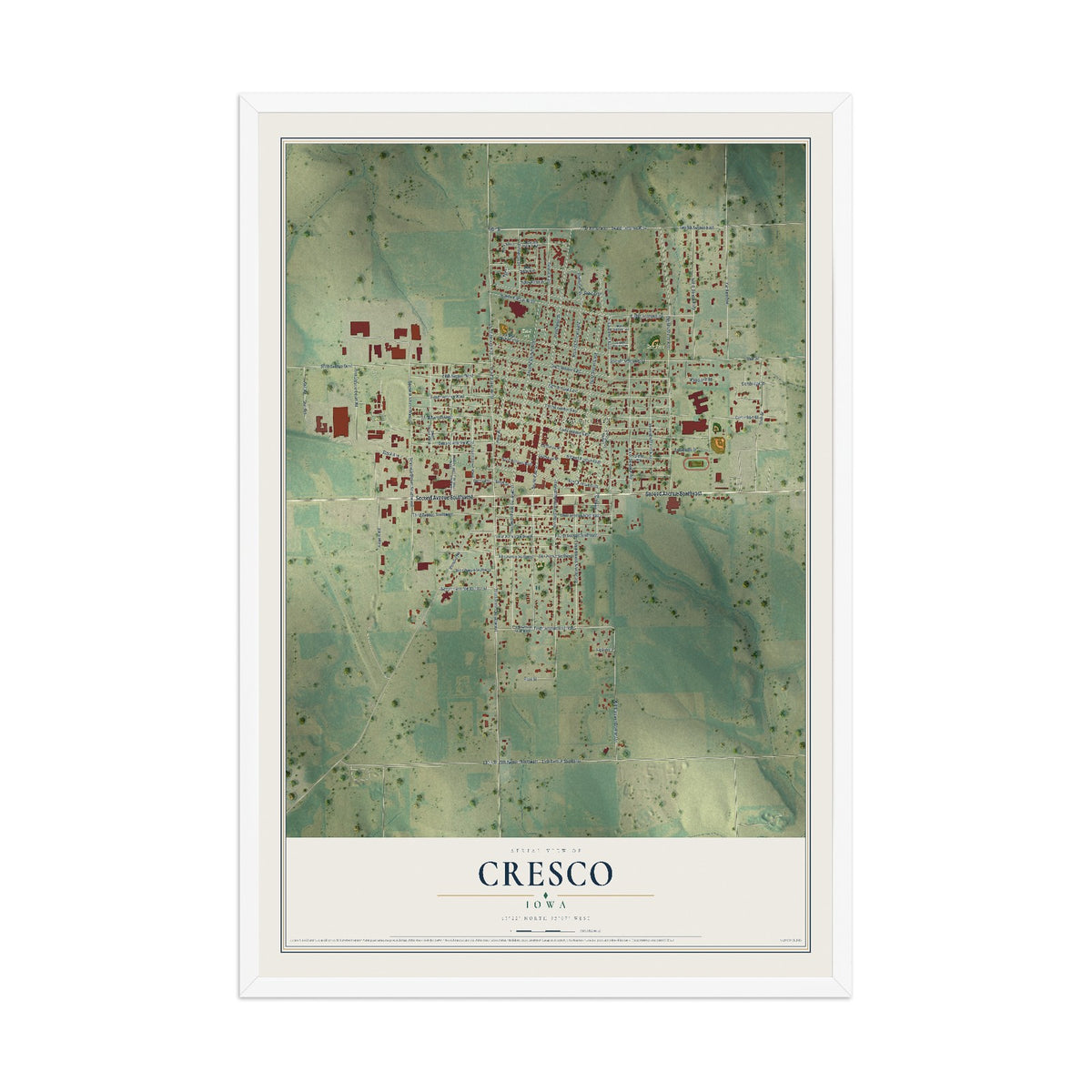 Map of Cresco, Iowa, 12 x 18 inch print in a white wood frame