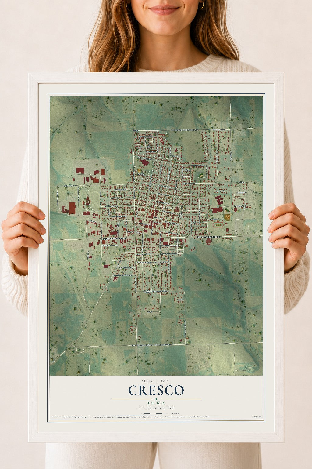 Map of Cresco, Iowa, 18 x 24 inch print in a white wood frame