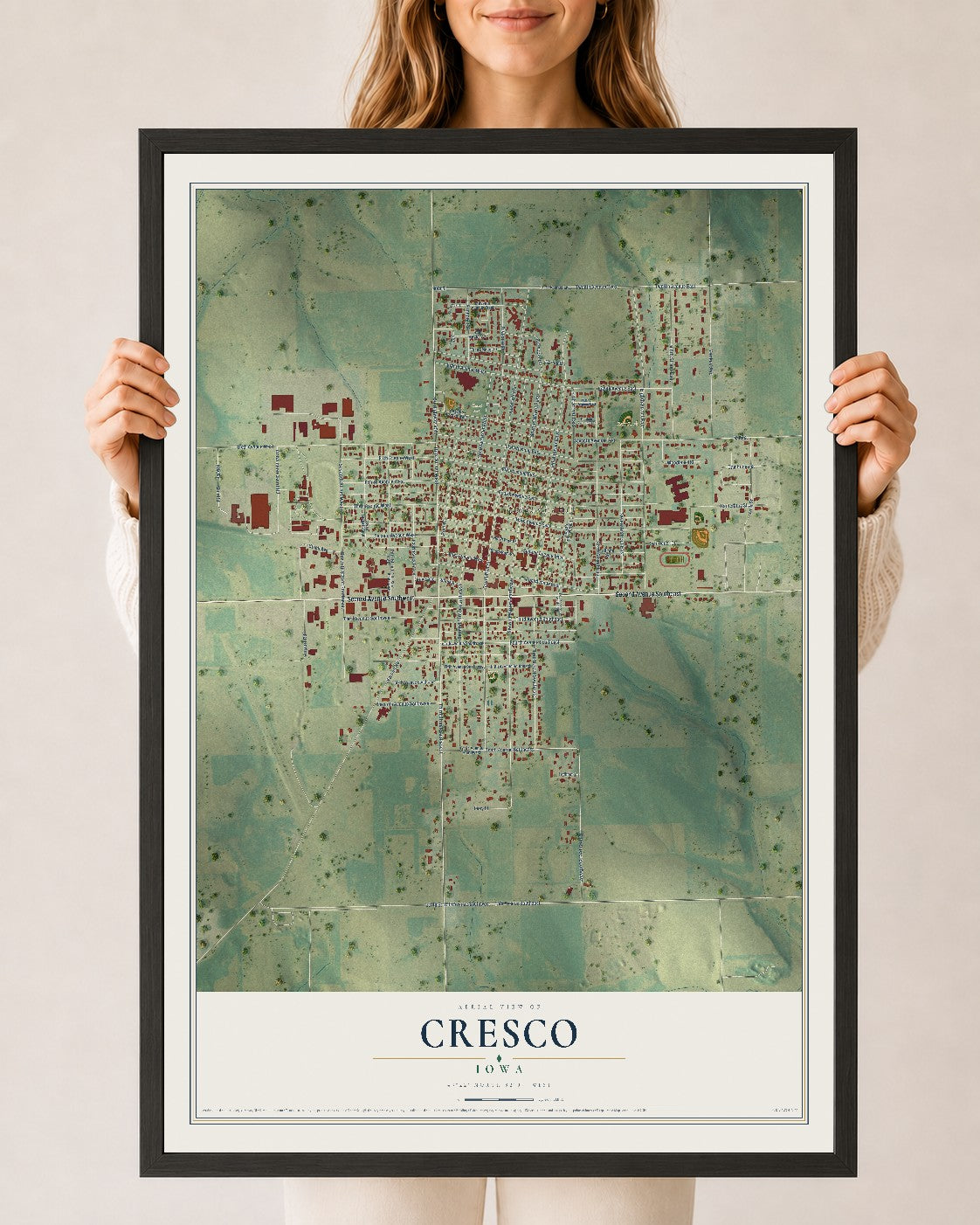 Map of Cresco, Iowa, 24 x 36 inch print in a black wood frame