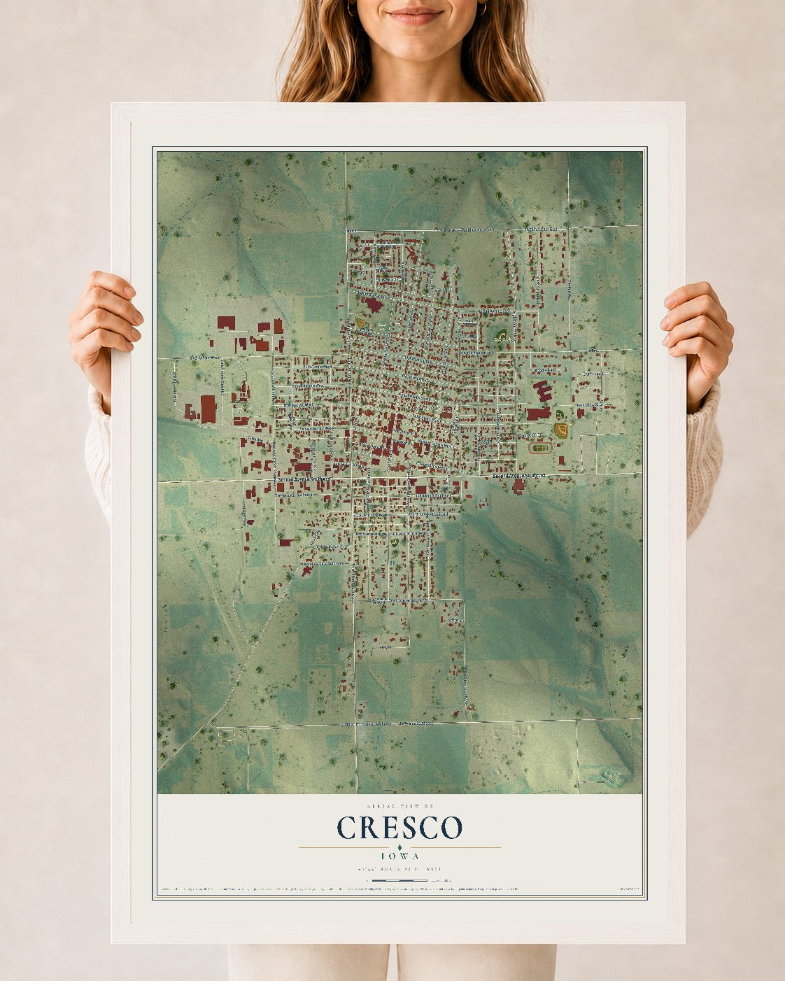 Map of Cresco, Iowa, 24 x 36 inch print in a white wood frame