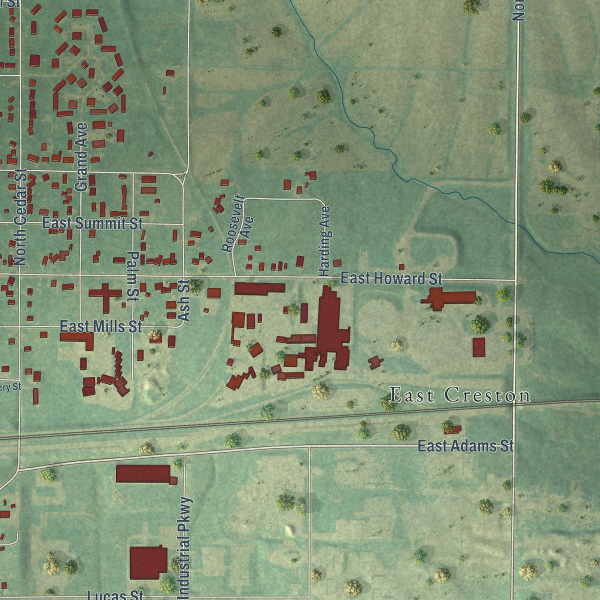 Second close-up of the map of Creston, Iowa print showing more streets and buildings