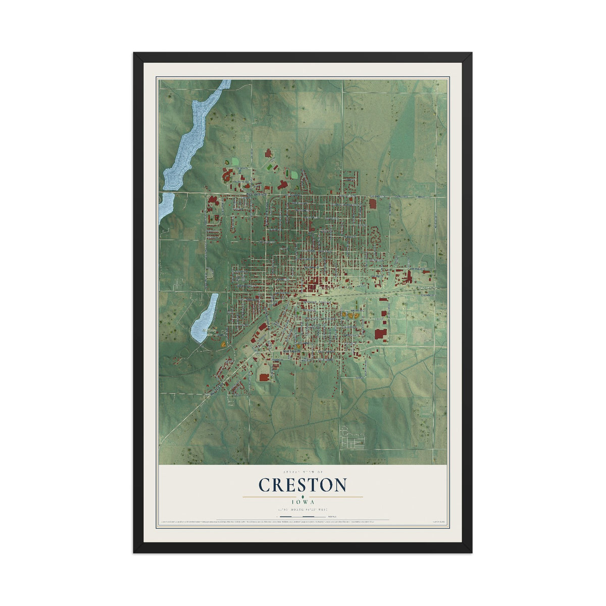Map of Creston, Iowa, 12 x 18 inch print in a black wood frame