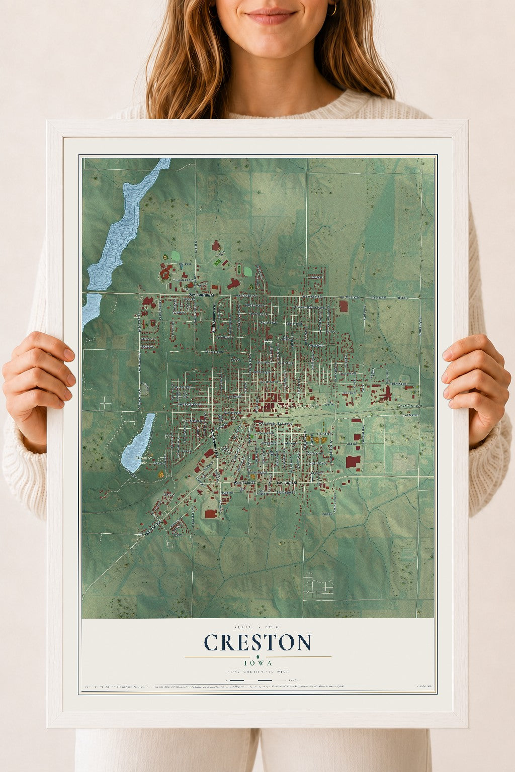 Map of Creston, Iowa, 18 x 24 inch print in a white wood frame
