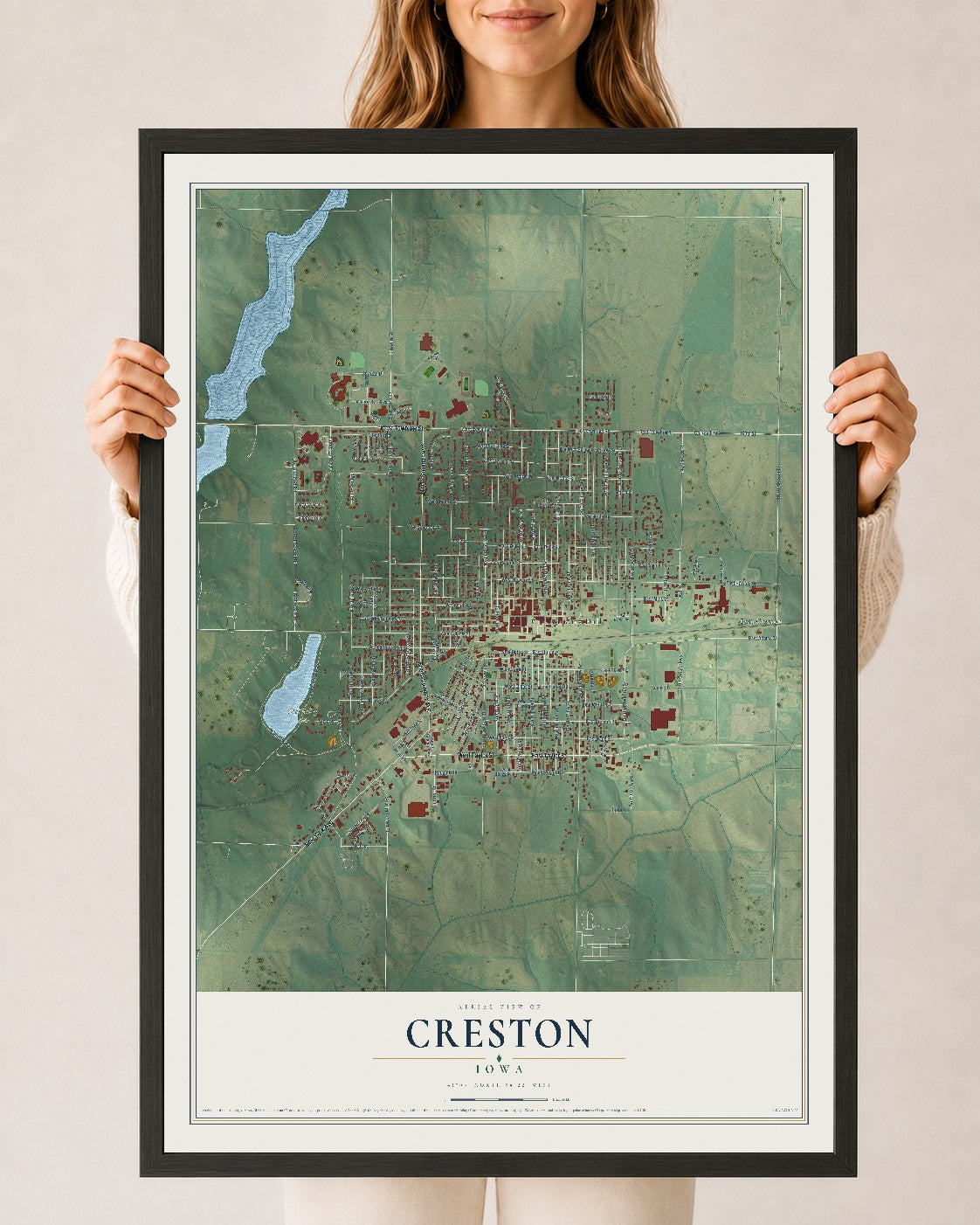Map of Creston, Iowa, 24 x 36 inch print in a black wood frame