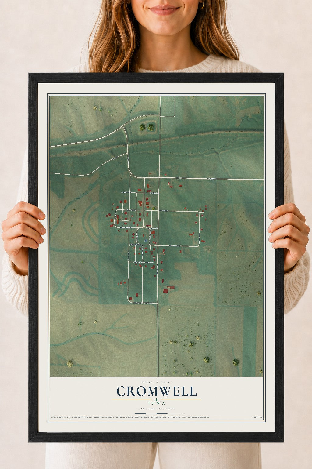 Map of Cromwell, Iowa, 18 x 24 inch print in a black wood frame