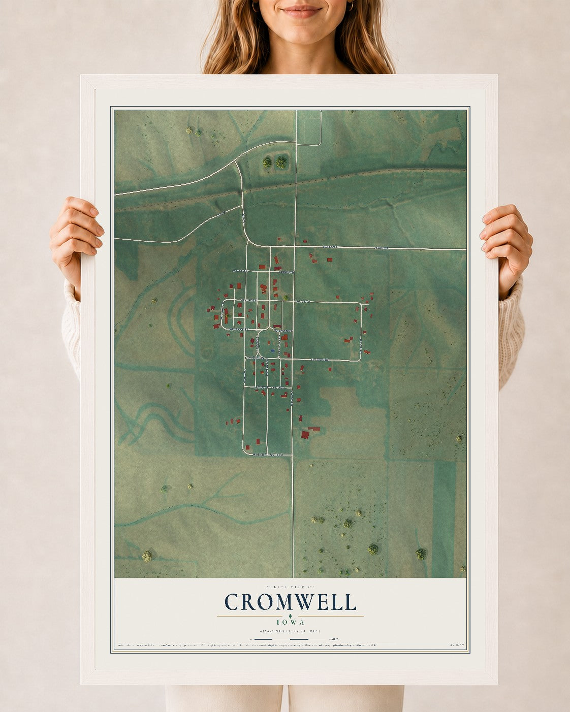 Map of Cromwell, Iowa, 24 x 36 inch print in a white wood frame