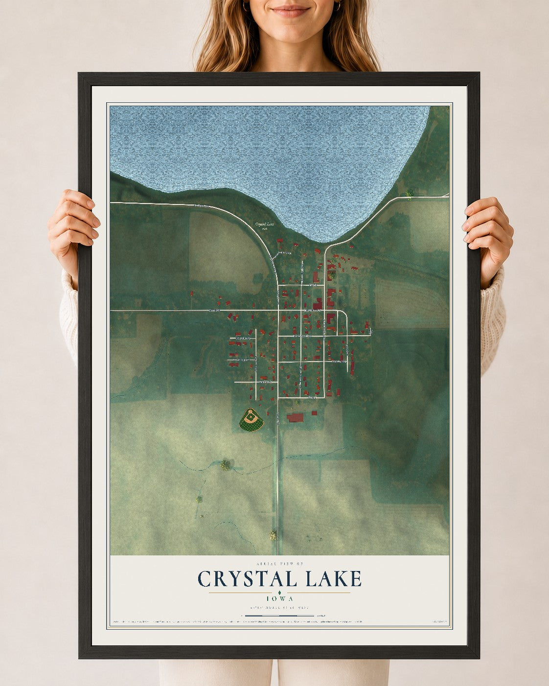 Map of Crystal Lake, Iowa, 24 x 36 inch print in a black wood frame