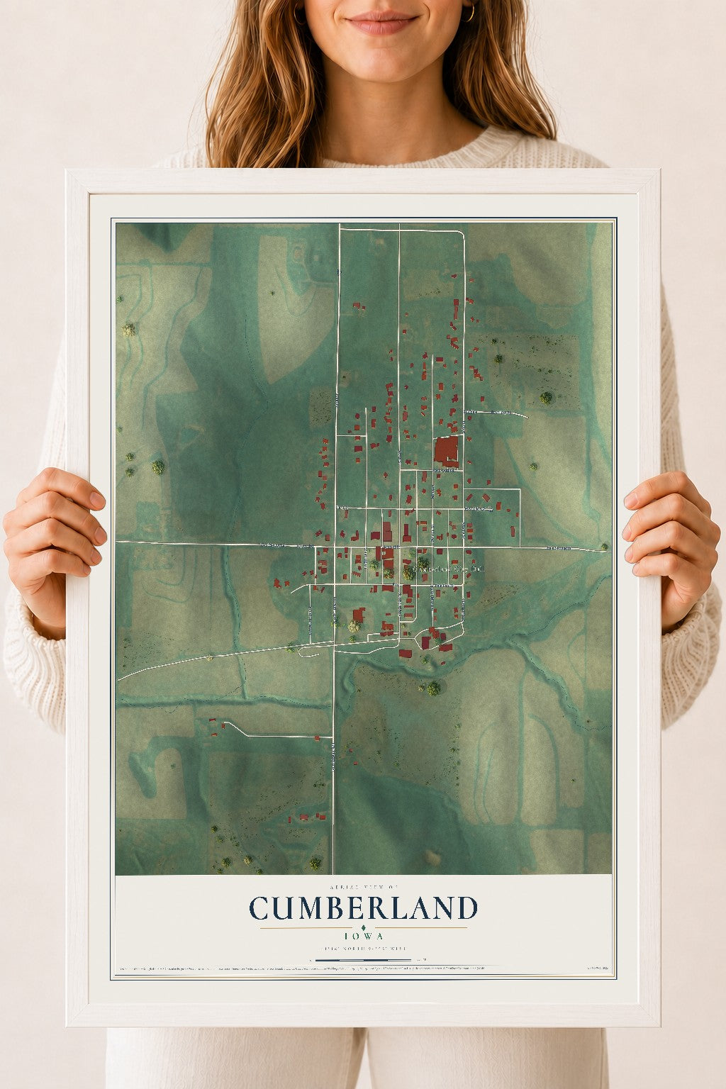 Map of Cumberland, Iowa, 18 x 24 inch print in a white wood frame