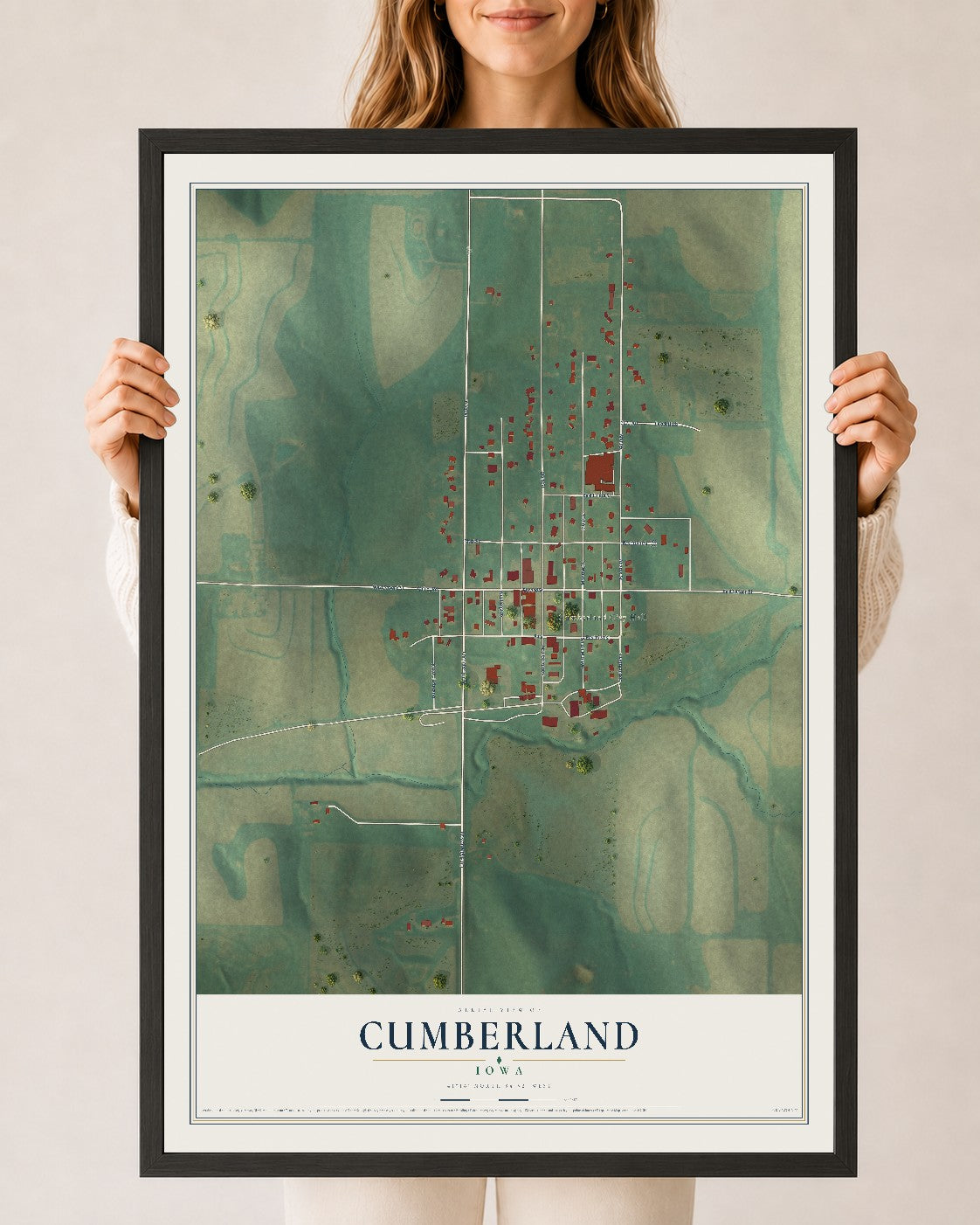 Map of Cumberland, Iowa, 24 x 36 inch print in a black wood frame