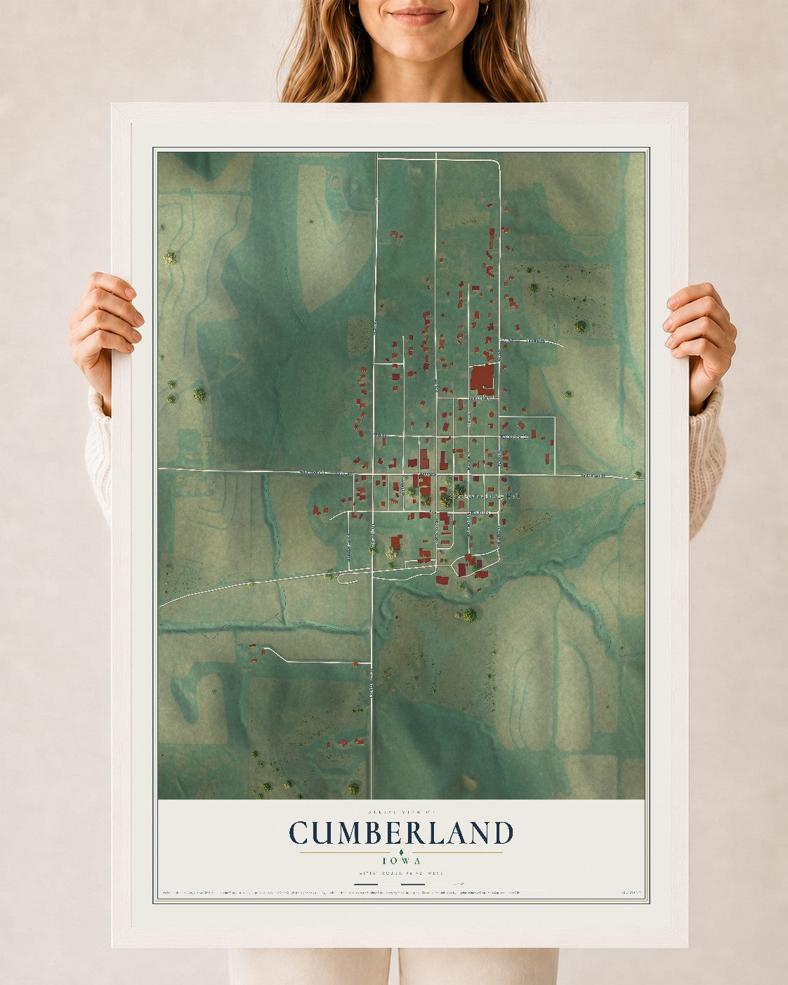 Map of Cumberland, Iowa, 24 x 36 inch print in a white wood frame