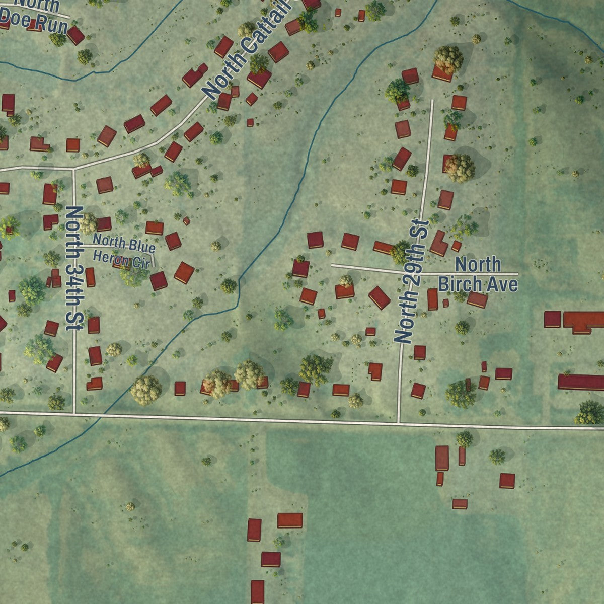 Close-up of the map of Cumming, Iowa print showing street and building detail