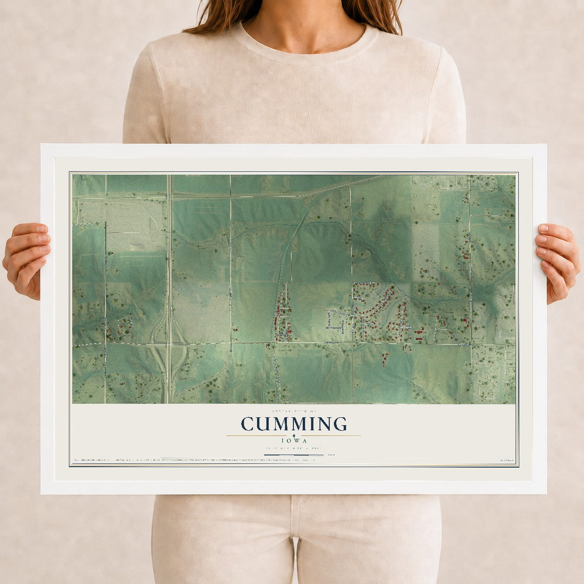 Map of Cumming, Iowa, 12 x 18 inch print in a white wood frame