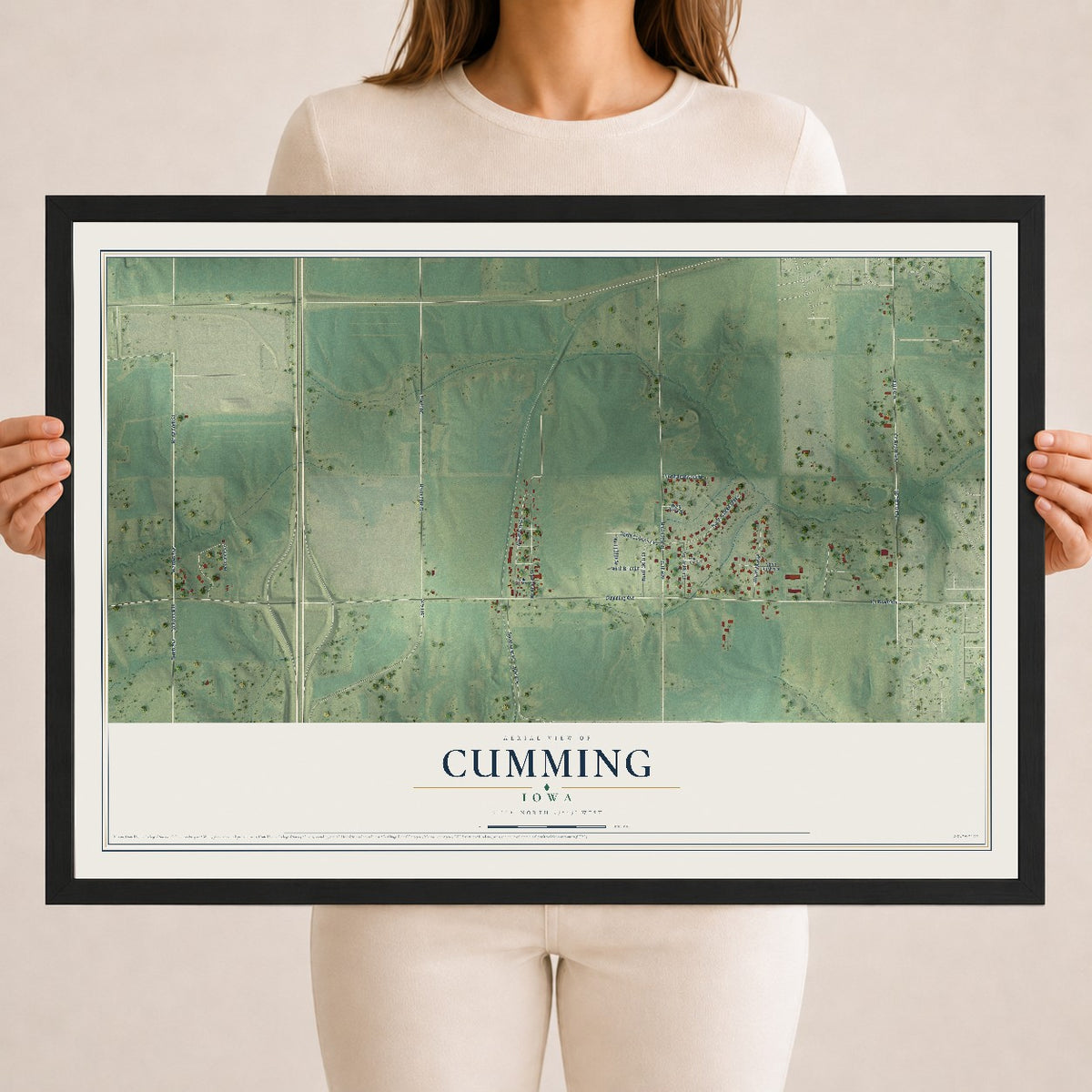 Map of Cumming, Iowa, 18 x 24 inch print in a black wood frame