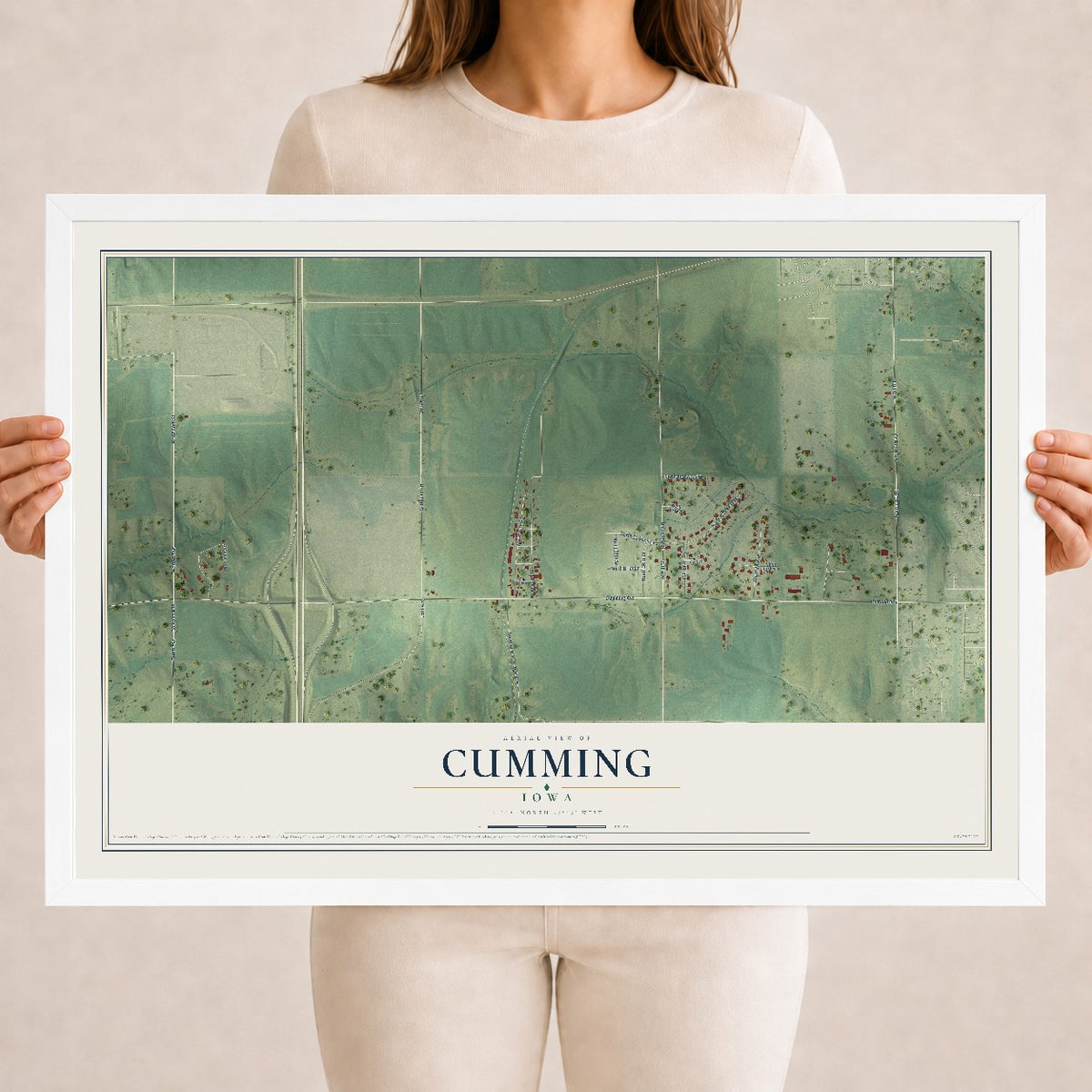 Map of Cumming, Iowa, 18 x 24 inch print in a white wood frame