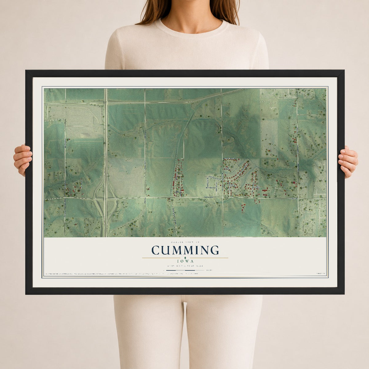 Map of Cumming, Iowa, 24 x 36 inch print in a black wood frame