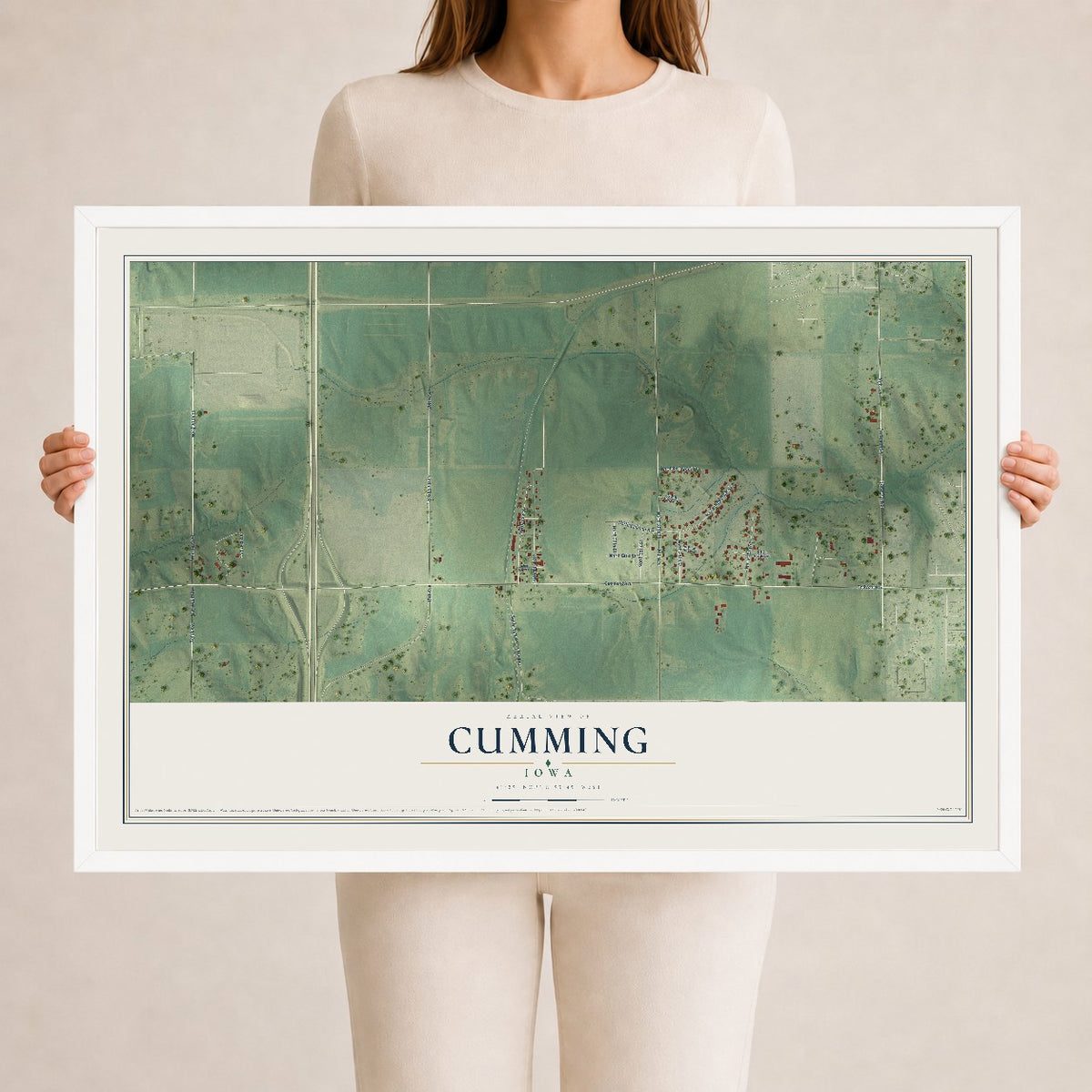 Map of Cumming, Iowa, 24 x 36 inch print in a white wood frame