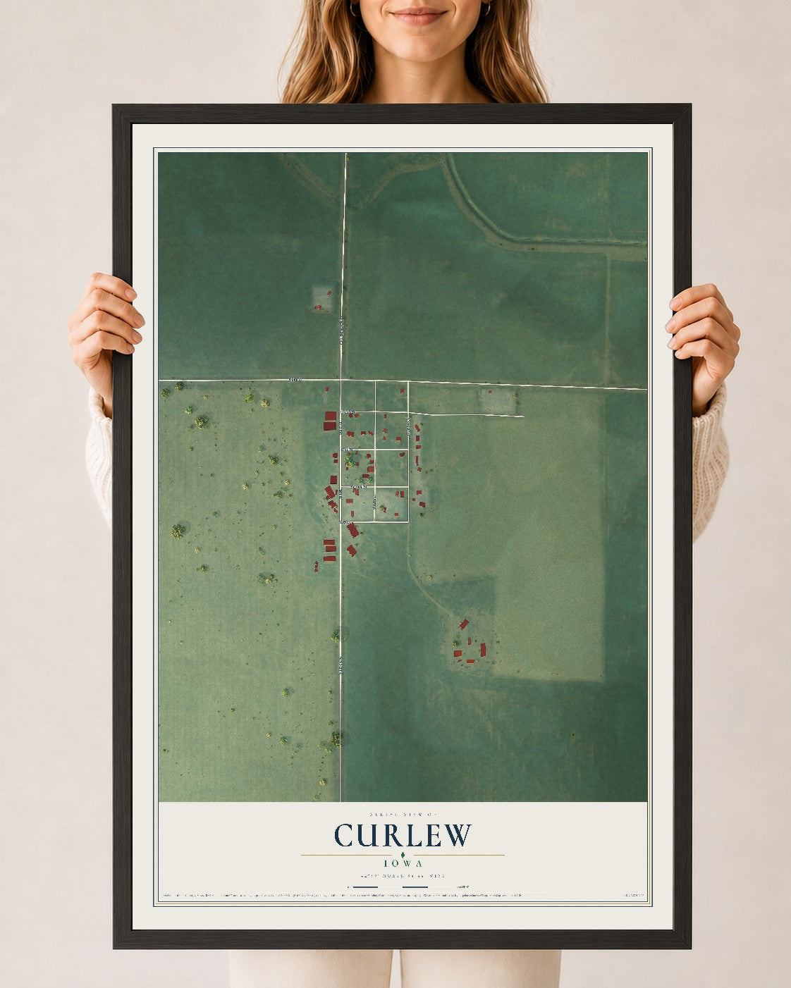 Map of Curlew, Iowa, 24 x 36 inch print in a black wood frame