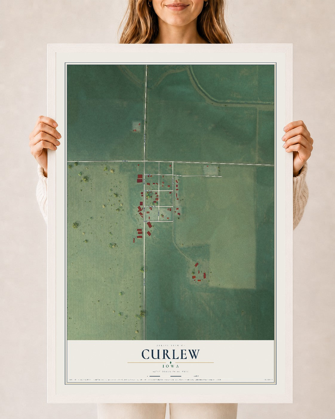 Map of Curlew, Iowa, 24 x 36 inch print in a white wood frame