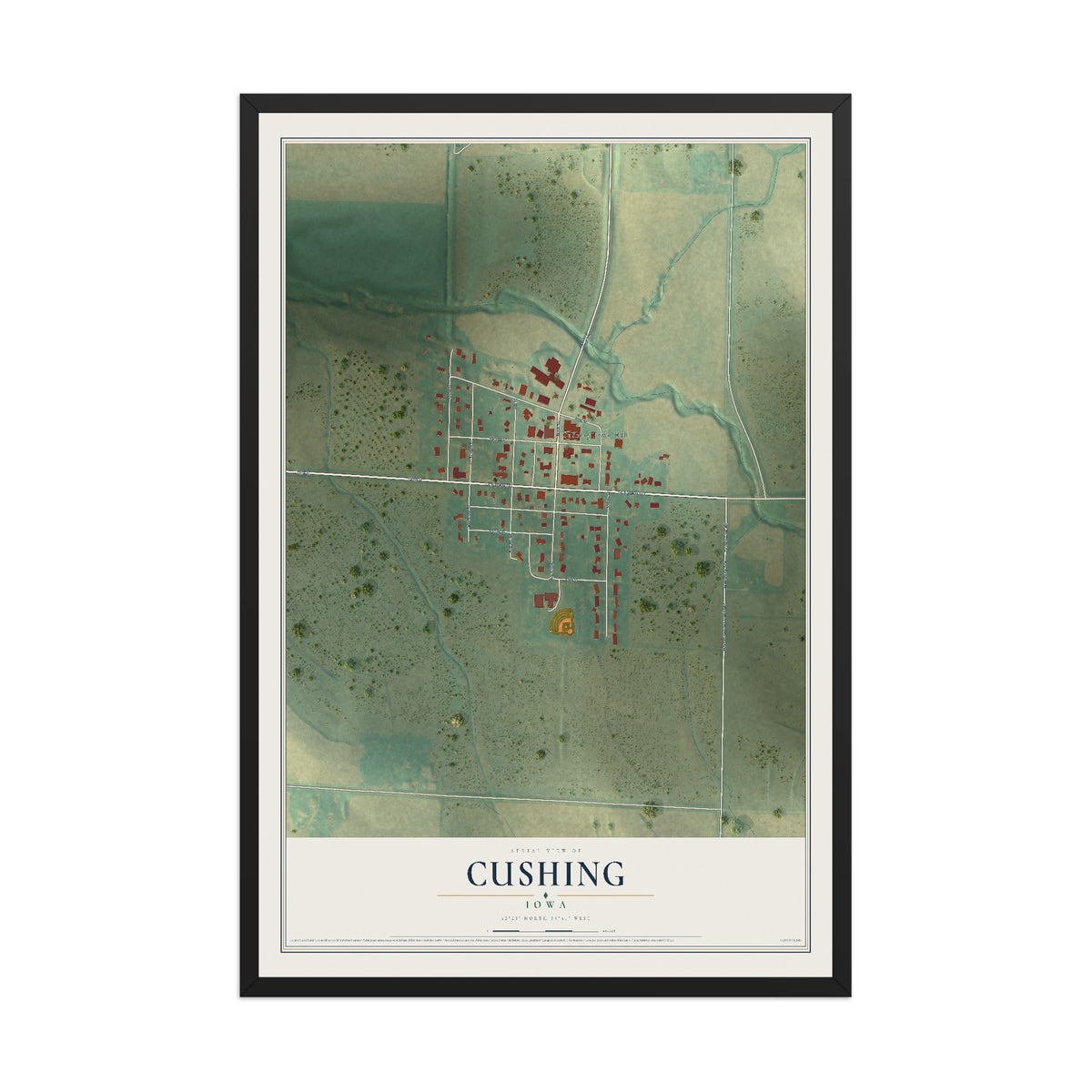 Map of Cushing, Iowa, 12 x 18 inch print in a black wood frame