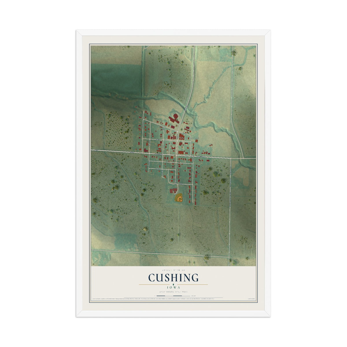Map of Cushing, Iowa, 12 x 18 inch print in a white wood frame