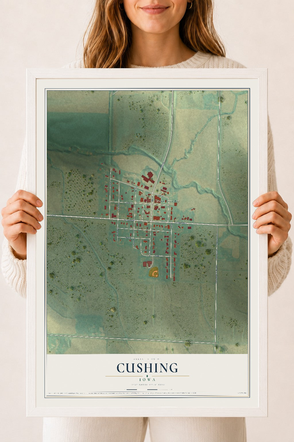 Map of Cushing, Iowa, 18 x 24 inch print in a white wood frame