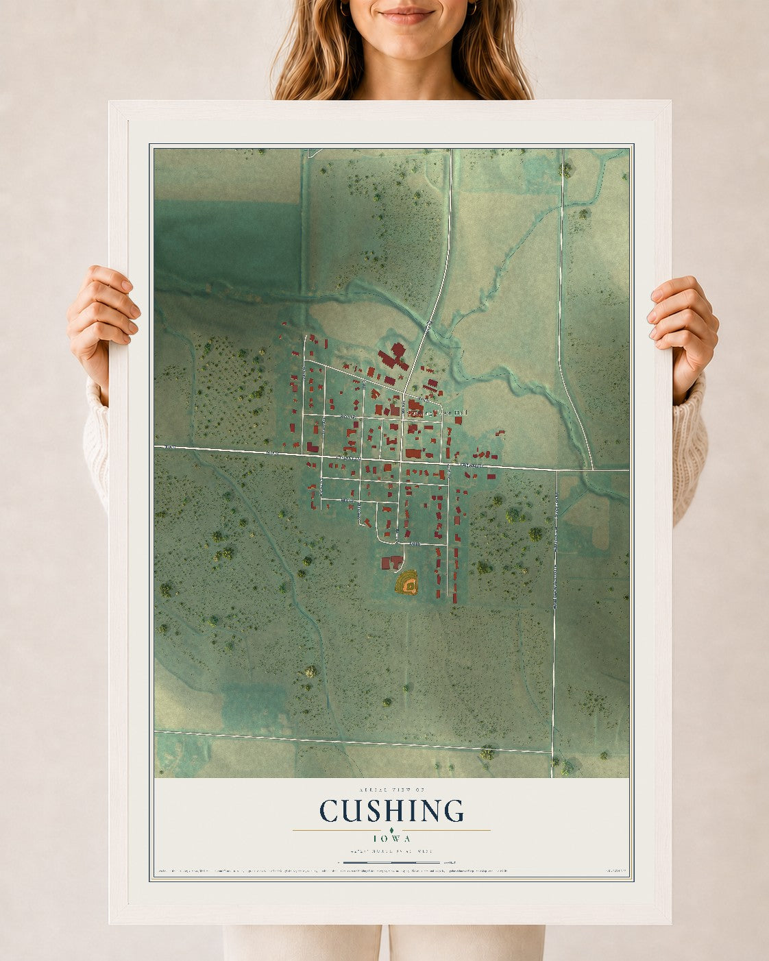 Map of Cushing, Iowa, 24 x 36 inch print in a white wood frame