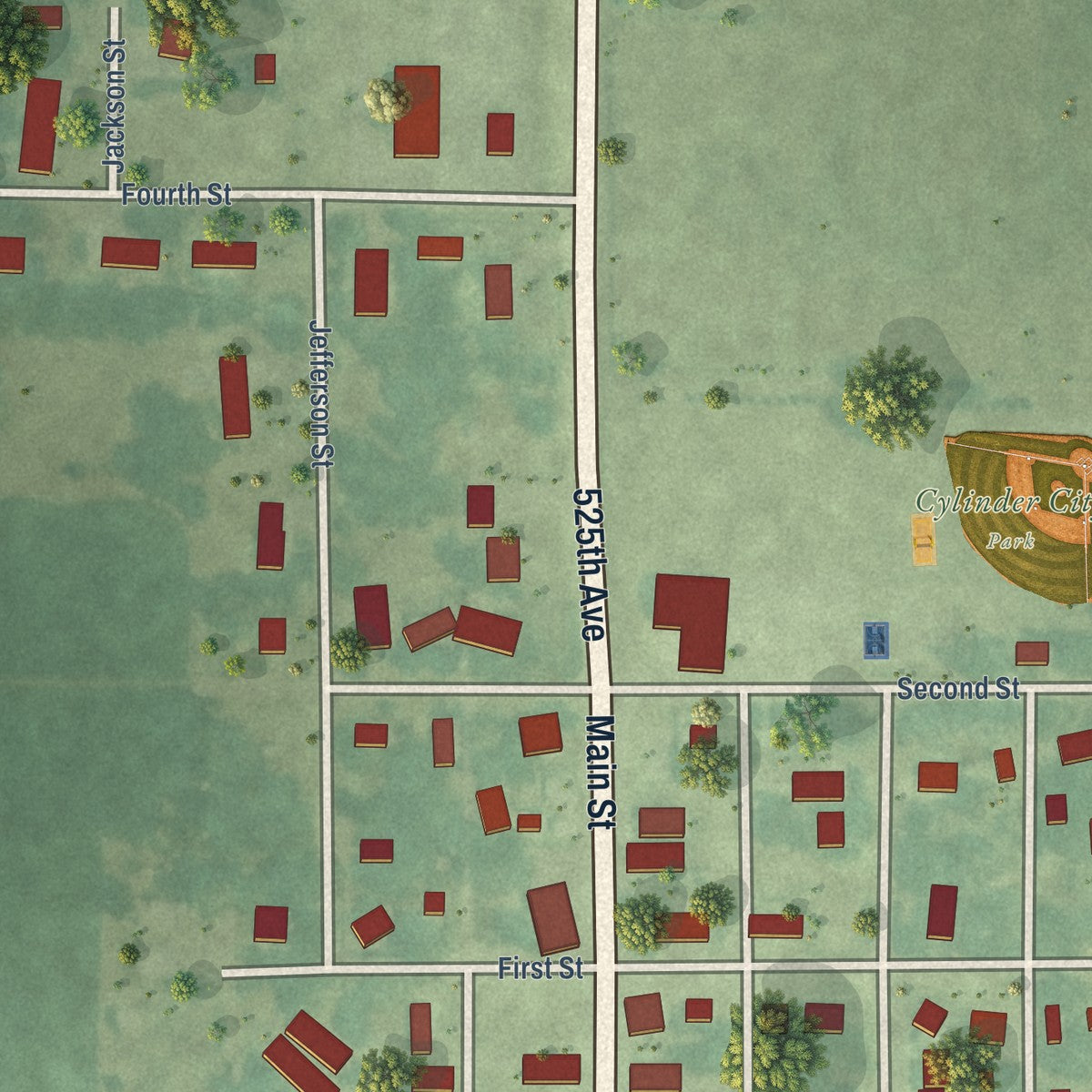 Close-up of the map of Cylinder, Iowa print showing street and building detail