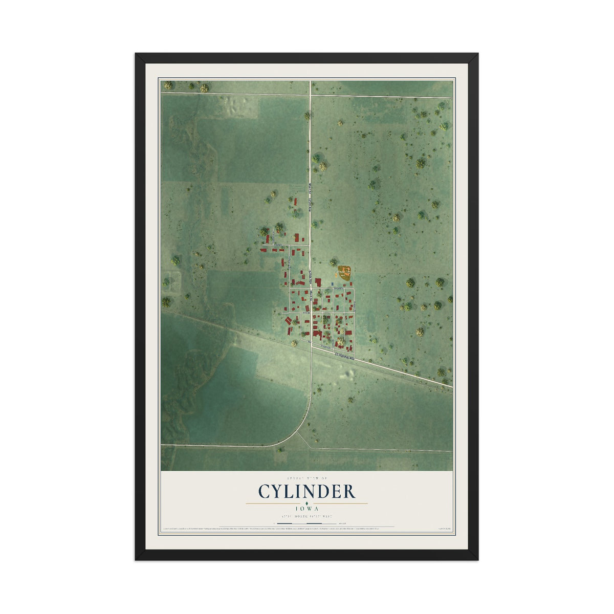 Map of Cylinder, Iowa, 12 x 18 inch print in a black wood frame